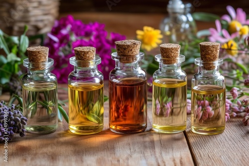 Various aromatic oils displayed on a wooden table