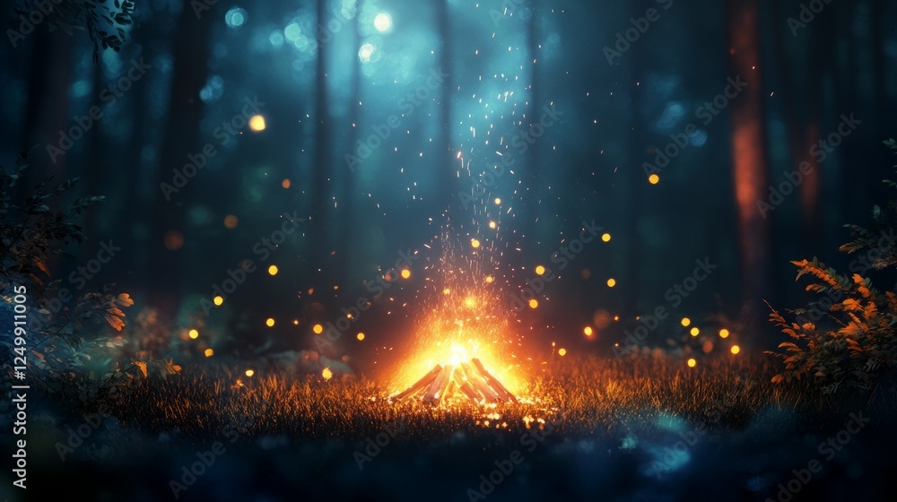 Fototapeta premium Magical campfire sparks illuminate a dark forest at night. Mystical and enchanting.