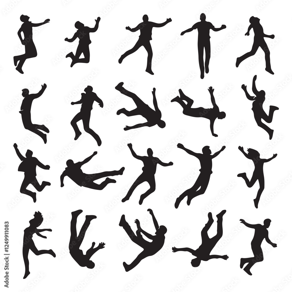 Printset of falling people silhouettes. vector silhouettes of people falling from a great height. falling male silhouette on a white background Printset of falling people silhouettes. vector silhouettes of people falling from a great height. falling male silhouette on a white background