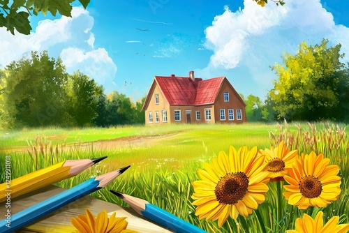 Sunny landscape with a house and colorful flowers