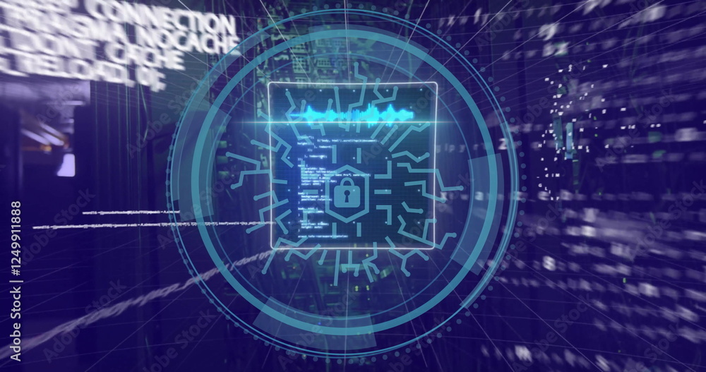 Image of digital security concept with futuristic lock icon and data flow visualization Image of digital security concept with futuristic lock icon and data flow visualization