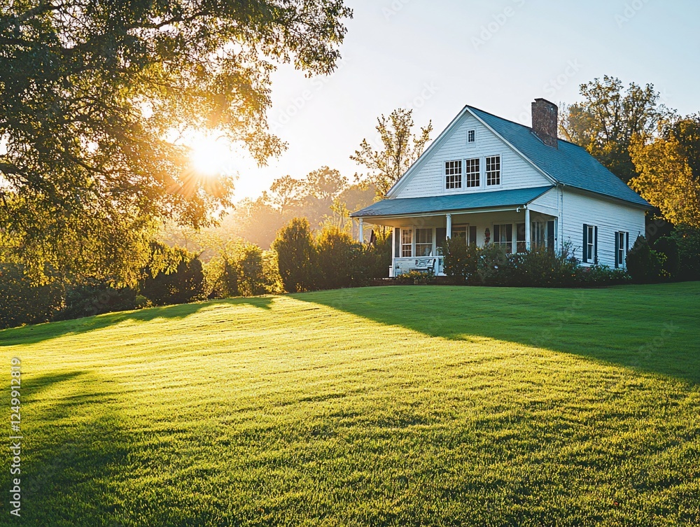 White farmhouse on a grassy hill at sunset. White farmhouse on a grassy hill at sunset.