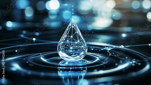 Captivating water droplet creates ripples on a digital surface in a futuristic setting
