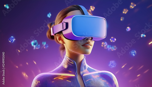 Women wearing a virtual reality headset, surrounded by vibrant, dynamic light trails, symbolizing advanced technology and immersive digital experiences.