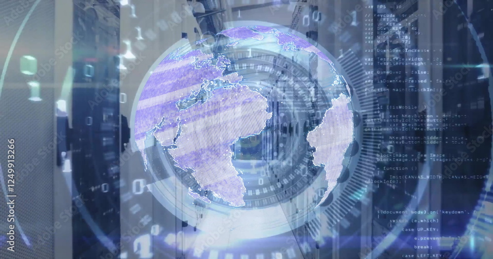 Image of scope scanning and globe with data processing over computer servers