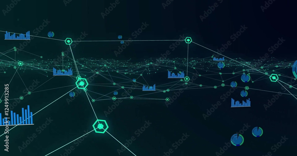 Naklejka premium Image of communication network and charts processing data on black background