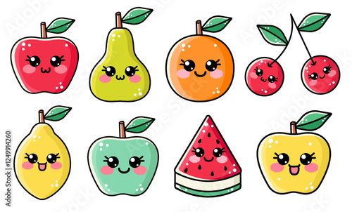Big set of cute outline kawaii fruits and berries characters. Smiling fruit faces illustration for kids. Kawaii fruit clipart design of lemon, pear, apple, cherry, orange, watermelon