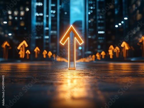 Glowing arrow path, urban night, future progress photo