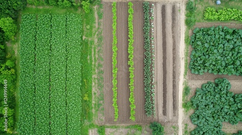 Aerial view of diverse crops in a meticulously cultivated agricultural field