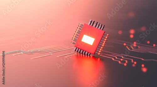 Close-up of a glowing red microchip on a circuit board with abstract technology background photo