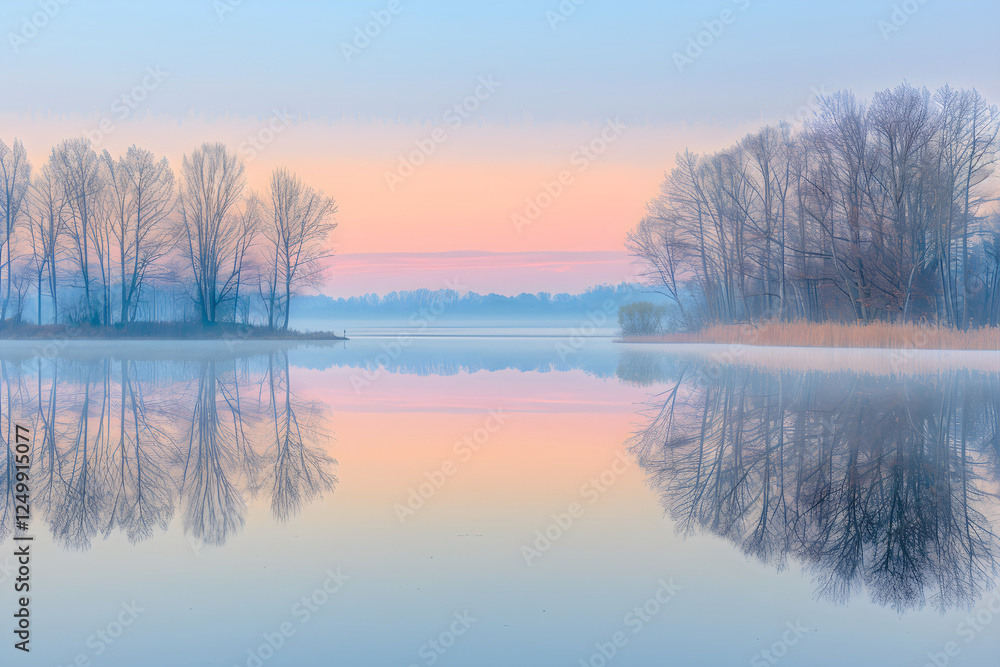 Fototapeta premium Peaceful Lakeside Dawn with Misty Reflection and Serene Atmosphere