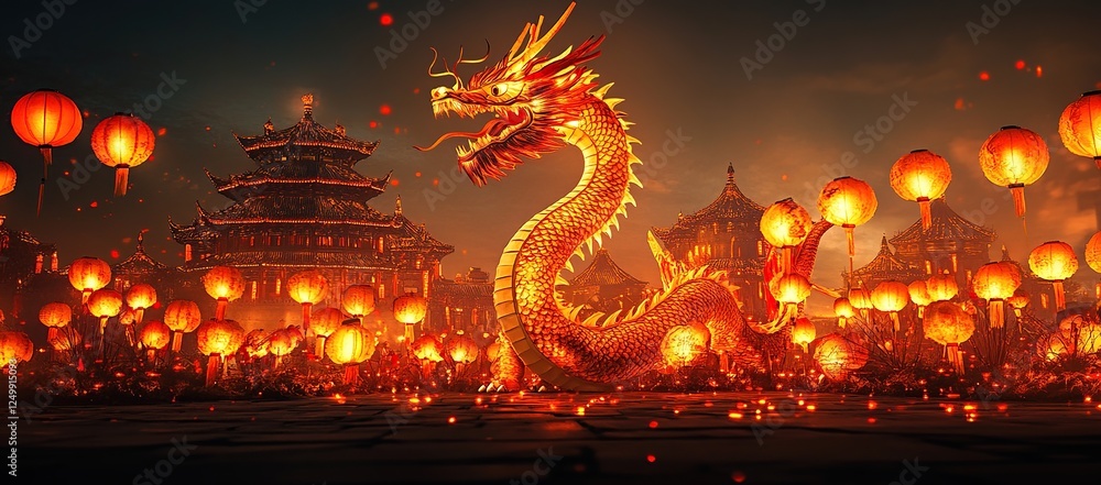 Fototapeta premium Majestic Dragon Lantern Festival: Illuminated Temples & Glowing Lanterns at Night