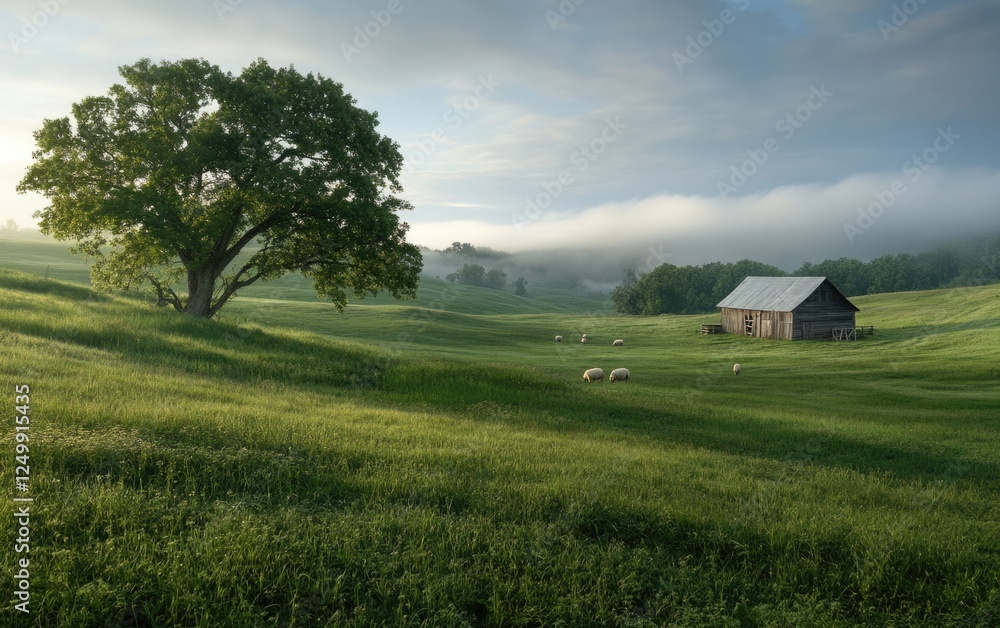 A serene landscape features a rustic barn in a lush green meadow surrounded by gentle hills A serene landscape features a rustic barn in a lush green meadow surrounded by gentle hills