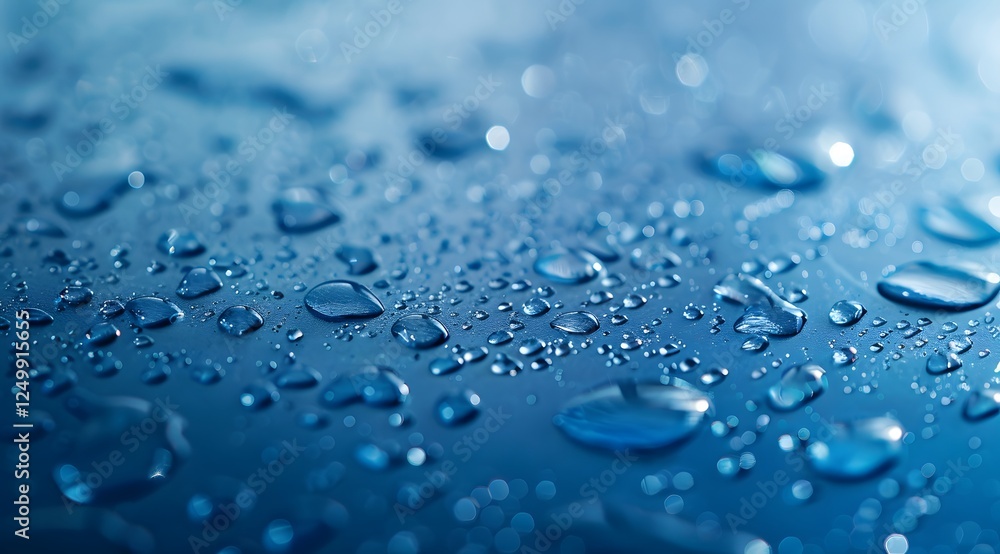 Close-Up of Water Droplets on a Smooth Reflective Surface with Deep Blue Hues Close-Up of Water Droplets on a Smooth Reflective Surface with Deep Blue Hues