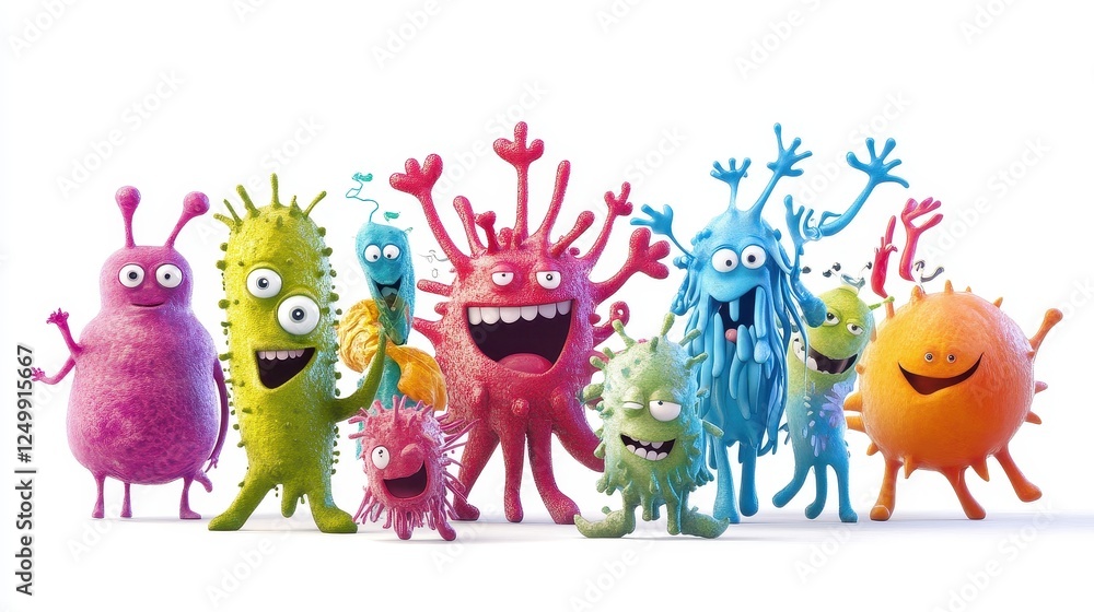 A whimsical depiction of a bacteria party, animated characters, joyful expressions, isolated on white background A whimsical depiction of a bacteria party, animated characters, joyful expressions, isolated on white background