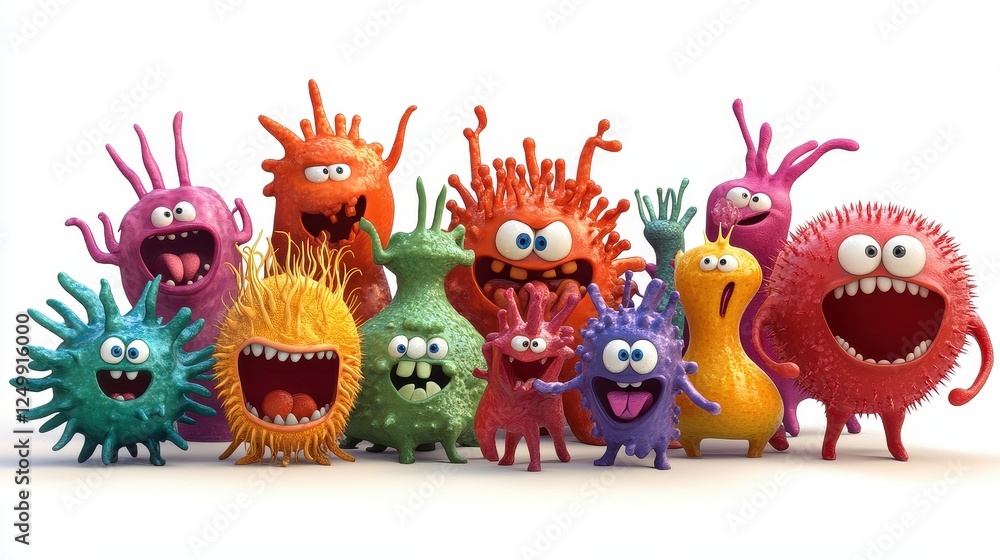 A whimsical depiction of a bacteria party, animated characters, joyful expressions, isolated on white background A whimsical depiction of a bacteria party, animated characters, joyful expressions, isolated on white background
