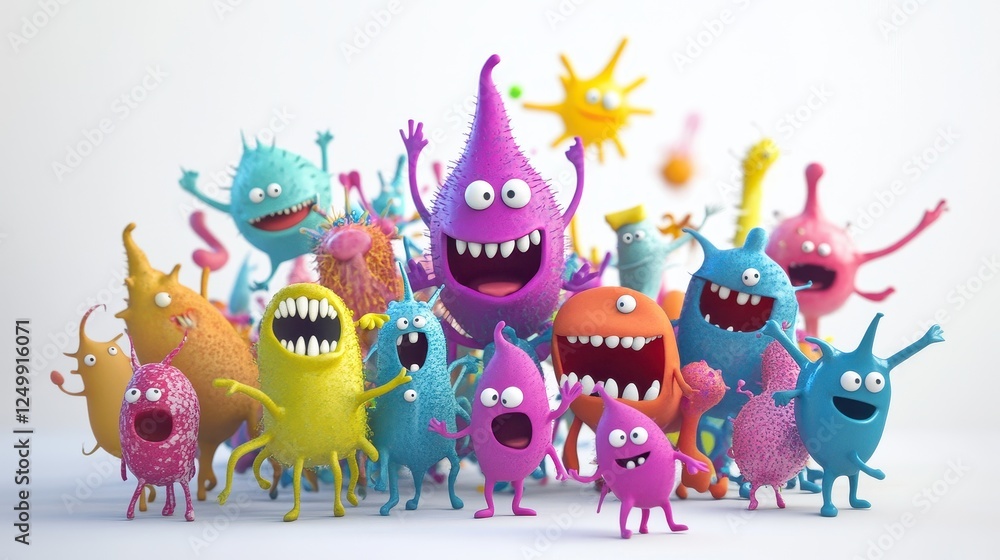 Fototapeta premium A whimsical depiction of a bacteria party, animated characters, joyful expressions, isolated on white background