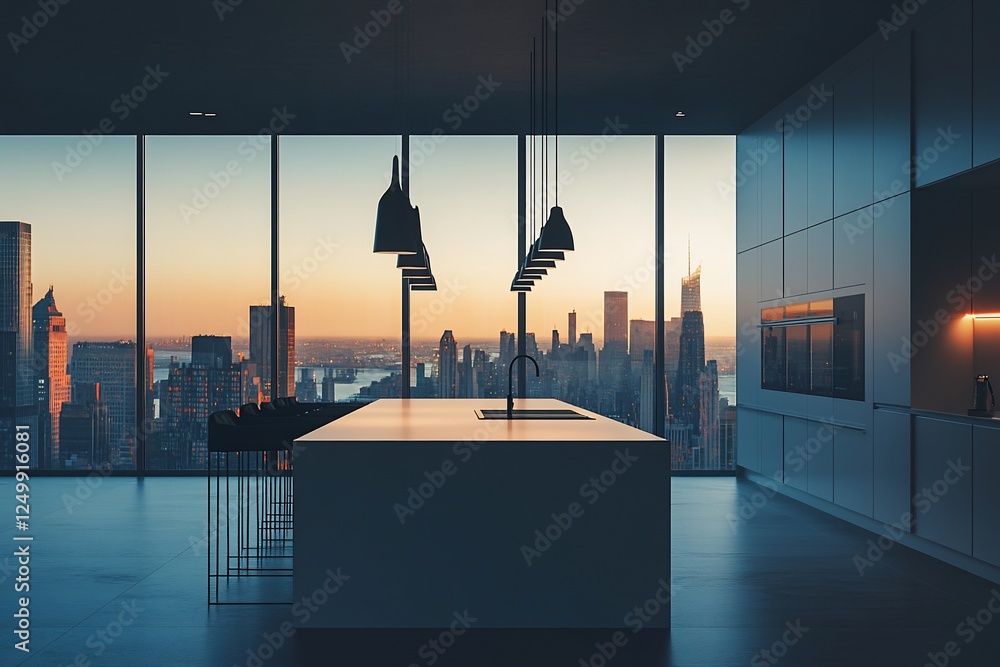 Fototapeta premium Modern kitchen with city skyline view at sunset.