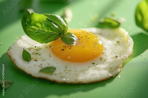 Fried egg garnished with basil leaves on a green background photo