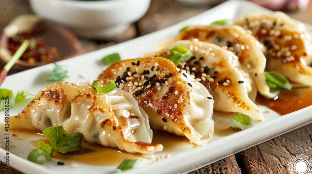 Modern Culinary Artistry: Exquisite Dumplings Presented with Sesame Elegance on a Contemporary Plate Modern Culinary Artistry: Exquisite Dumplings Presented with Sesame Elegance on a Contemporary Plate