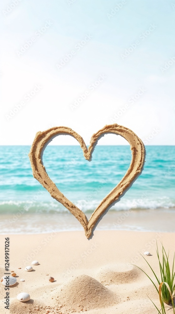 Valentine Day concept. Heart shape made of sand on beach with ocean background. Summer background. Valentine Day concept. Heart shape made of sand on beach with ocean background. Summer background.