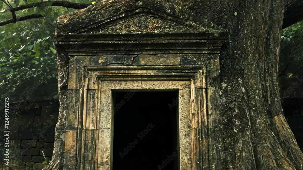 Ancient stone structure partially hidden by massive tree roots in a lush forest setting Ancient stone structure partially hidden by massive tree roots in a lush forest setting