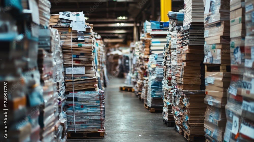 Obraz premium Stacks of cardboard boxes and paper piles in a bustling warehouse environment