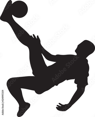 Illustration of a male soccer athlete performing a bicycle kick to strike the ball