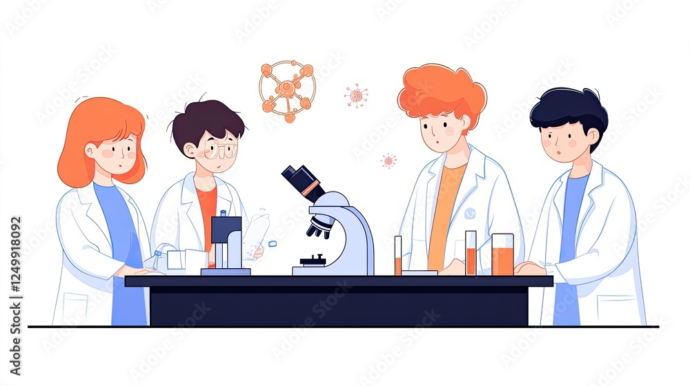 Group of young scientists conducting experiments in a laboratory with a microscope and chemical reactions Group of young scientists conducting experiments in a laboratory with a microscope and chemical reactions