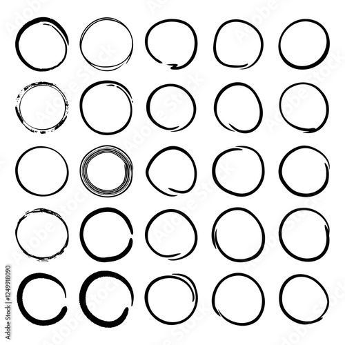 Collection of manually hand drawn circles with interdigitated lines