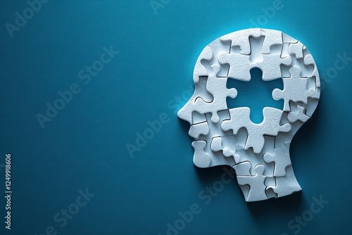 White Puzzle Piece Head Silhouette with Missing Element on a Blue Background photo