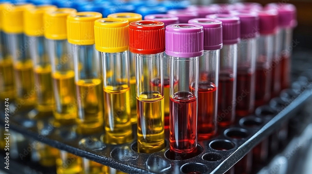 A set of vibrant and colorful blood collection tubes symbolizes medical diagnostics, scientific research, and healthcare innovation. The bright modern tone conveys precision, technology, and discovery A set of vibrant and colorful blood collection tubes symbolizes medical diagnostics, scientific research, and healthcare innovation. The bright modern tone conveys precision, technology, and discovery