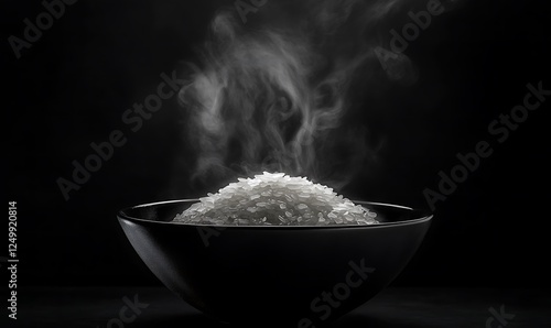 Aromatic steamed rice in a black bowl with gentle vapor on dark background