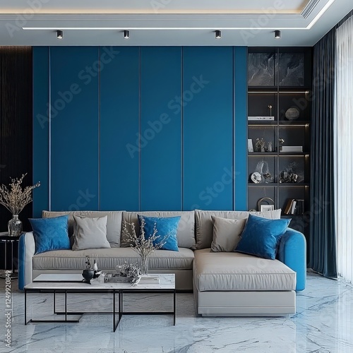 Modern living room interior design, sectional sofa, blue wall, marble floor.