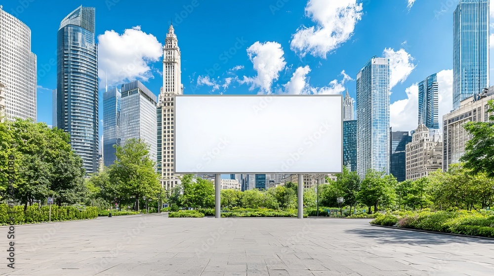 Obraz premium A blank billboard stands prominently in a sunny urban park, surrounded by skyscrapers and lush greenery.