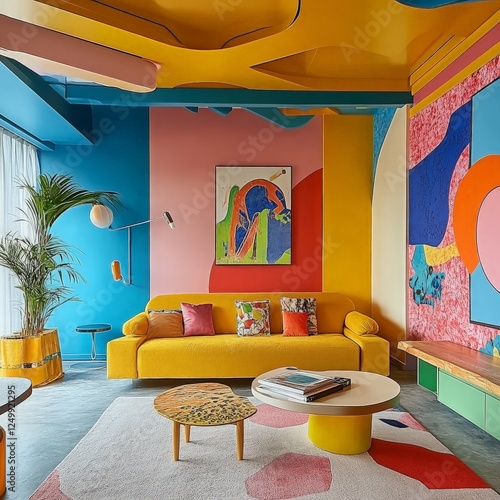 Vibrant apartment living room, colorful walls, modern furniture.