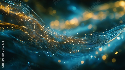 Abstract blue and gold glowing particles flowing in dark background.