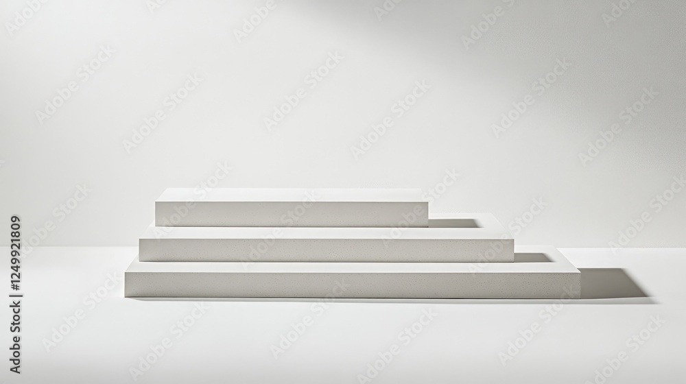 Three white platforms are stacked against an all white background Three white platforms are stacked against an all white background