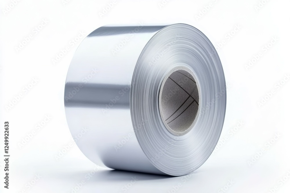 Silver roll of tape is shown on a white background Silver roll of tape is shown on a white background
