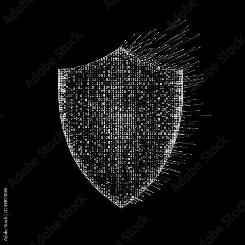 A digital shield made of binary code, representing cybersecurity and data protection in a sleek, modern design against a black background.