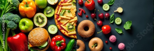 Fresh vegetables, fruits, pizza slices, bagels, and fries arranged on a table, representing a balance between healthy eating and comfort foods.