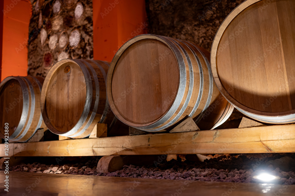 Visit of old caves with oak barrels, wine making on bodegas wineries on volcanic soils of Mount Teide in Tacoronte-Acentejo wine region on Tenerife, Canary islands vacation, Spain Visit of old caves with oak barrels, wine making on bodegas wineries on volcanic soils of Mount Teide in Tacoronte-Acentejo wine region on Tenerife, Canary islands vacation, Spain