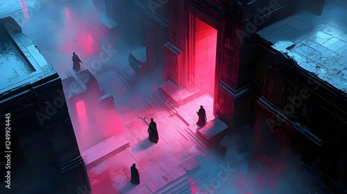 Isometric gameplay mechanics players navigating a dark room with red light and unique visual elements for gaming 3d art