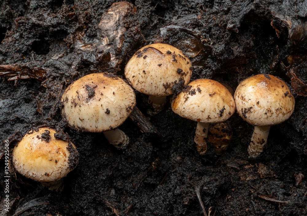 Close-up of five small mushrooms growing in dark, damp soil. Close-up of five small mushrooms growing in dark, damp soil.