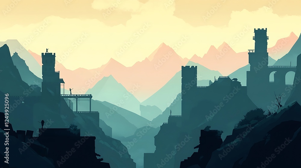 Fototapeta premium Mountaintop Castles Silhouette Landscape Artwork