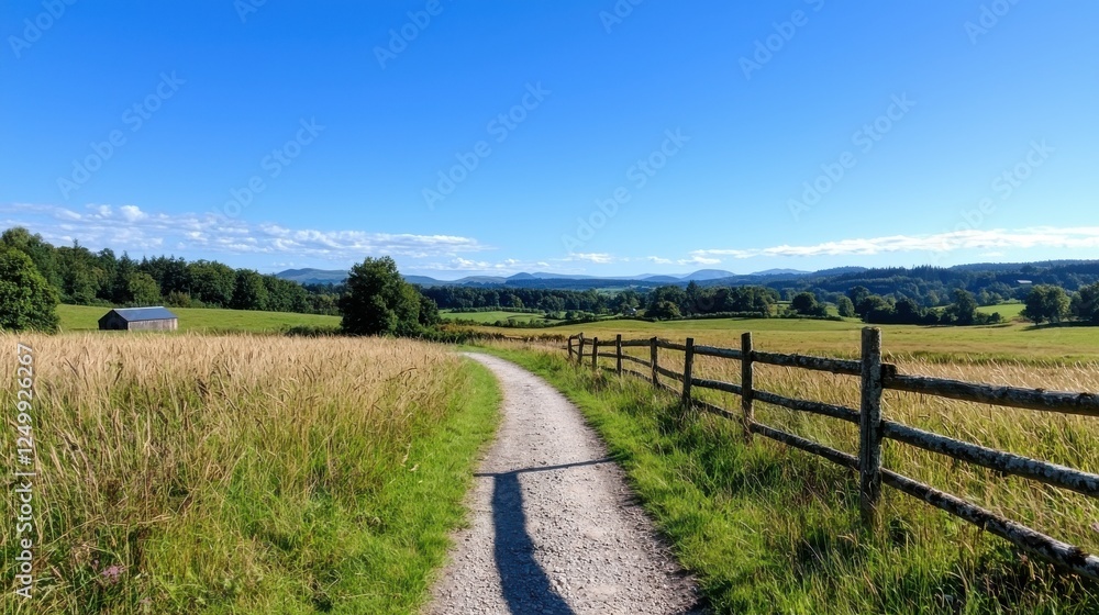 Countryside Path Through Golden Wheat Field Under Blue Sky Countryside Path Through Golden Wheat Field Under Blue Sky