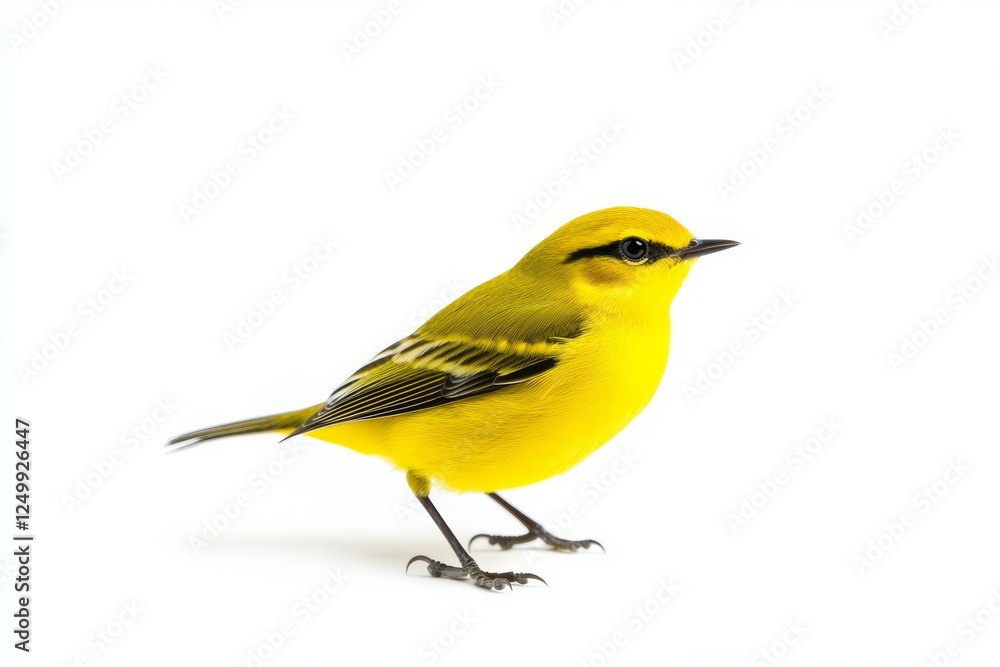 Yellow bird with a black stripe on its tail is standing on a white background Yellow bird with a black stripe on its tail is standing on a white background