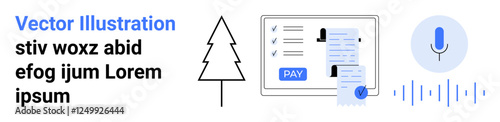 Clipboard with tasks, payment button, tree shape, microphone, sound waves, and lorem ipsum text. Ideal for finance, technology, eco-concepts task management audio tech UXUI design abstract line