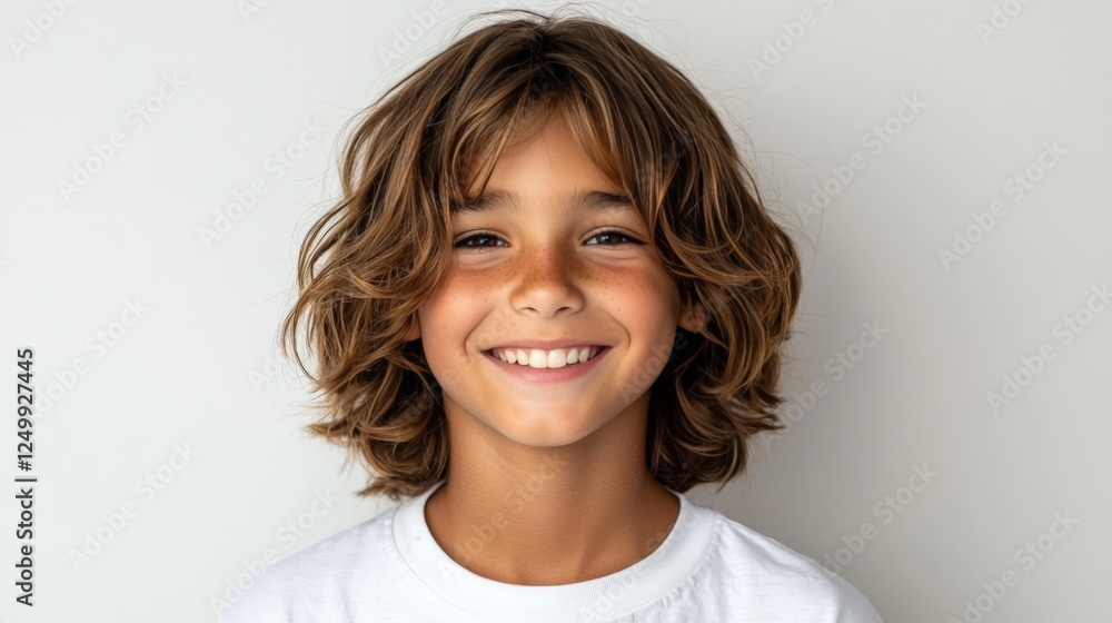 Happy Smiling Boy with Curly Hair Against Neutral Background Happy Smiling Boy with Curly Hair Against Neutral Background