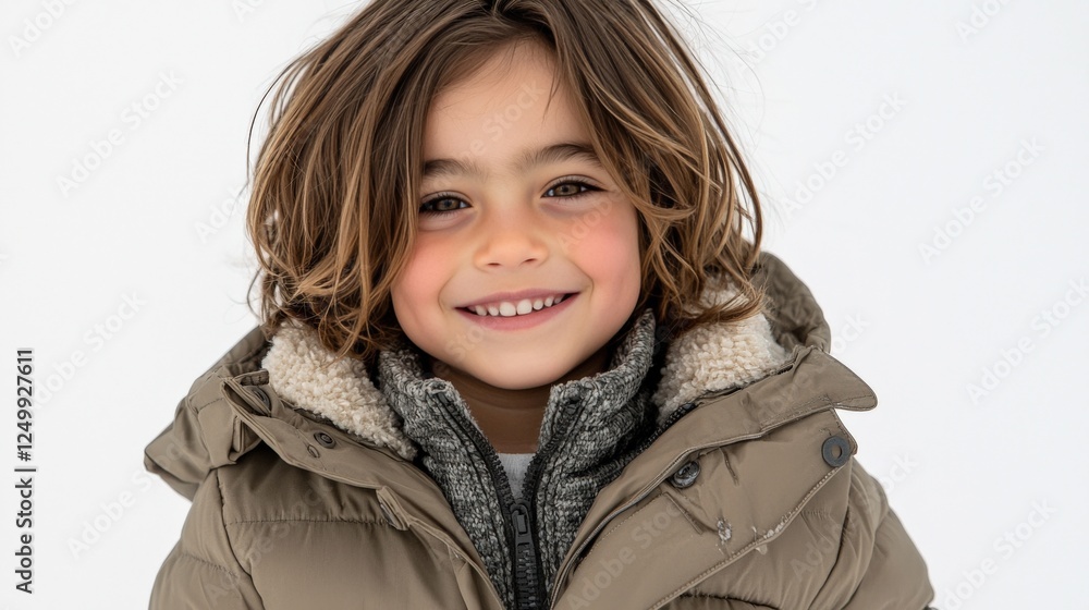 Cheerful Young Boy in Winter Jacket Smiling against White Background Cheerful Young Boy in Winter Jacket Smiling against White Background